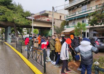 Δήμος και παιδιά από το 1ο Δημοτικό φύτευσαν τη νησίδα της οδού Μελίνας Μερκούρη