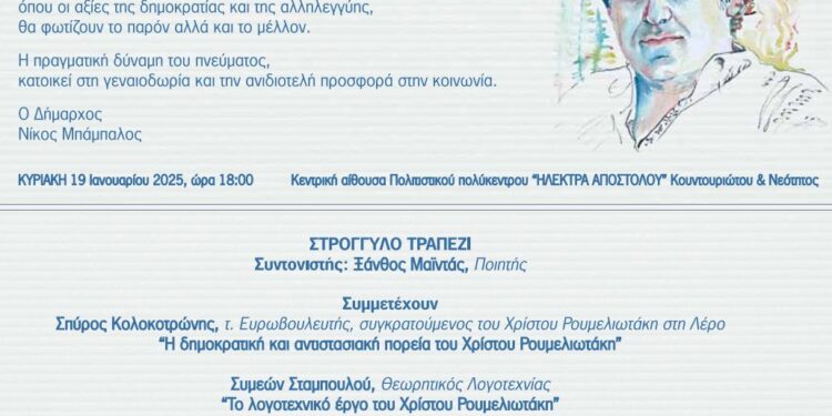 Ο Δήμος Ηρακλείου Αττικής τιμά τον Χρίστο Ρουμελιωτάκη: Κυριακή 19/1 στο Πολιτιστικό Πολύκεντρο